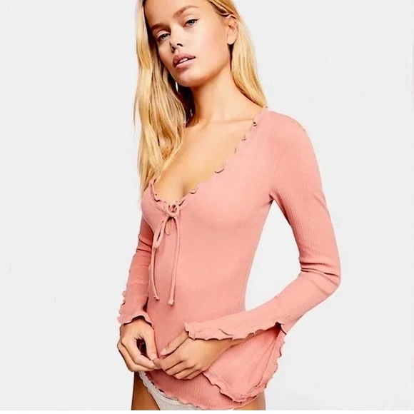 Intimately Free People Fall For You Ruffled Tie Front Ribbed Blouse Coral - Picture 9 of 9